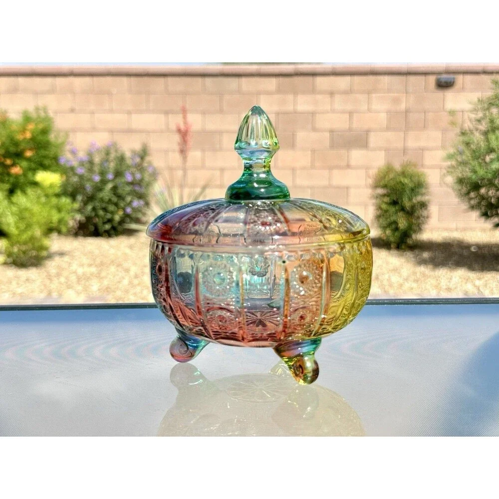 Glass Candy Dish Rainbow Jar 16oz Colorful Embossed Vintage Bowl with Lid